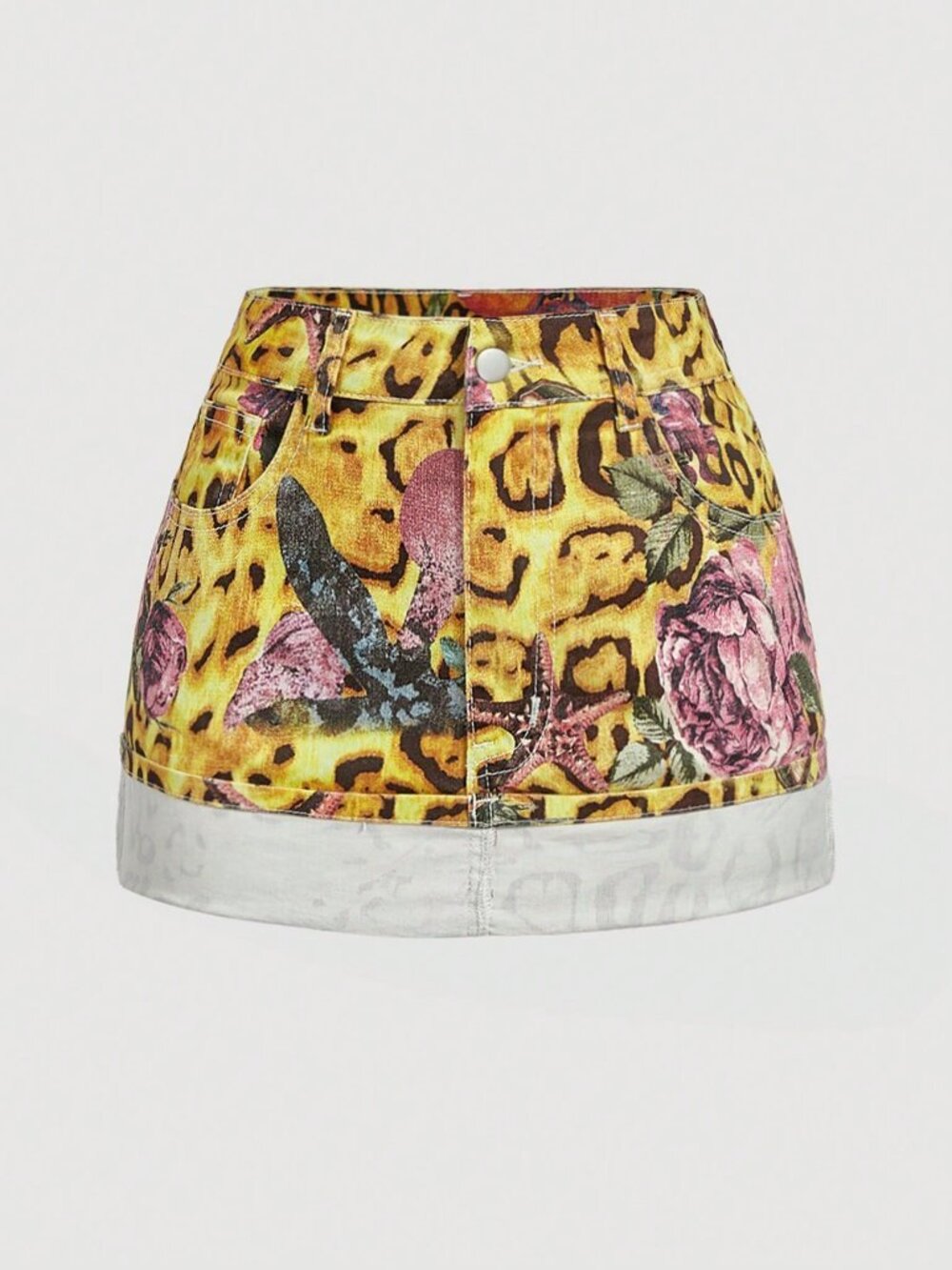 Multicolor Casual Elegant Women's Floral Pocket Rolled Hem Denim Skirt